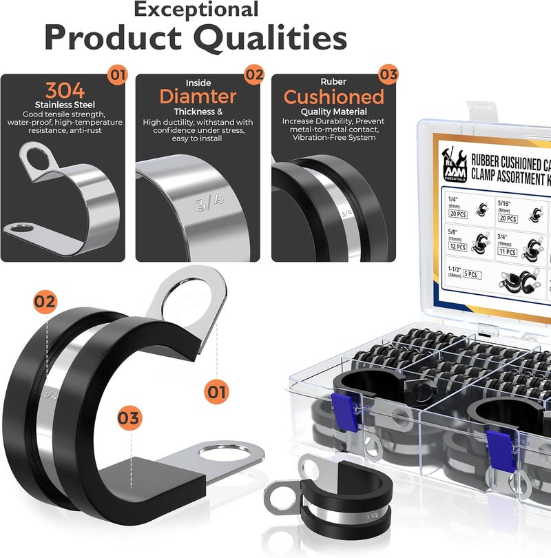 AAM ESSENTIALS 115 pcs cable clamps-304 Stainless Steel-Rubber Cushion Wire clamps-10 sizes 1/4" 5/16" 3/8" 1/2" 5/8" 3/4" 1" 1-1/4" 1-1/2" 1-3/4"-Assortment kit for pipe & wire mounting (Extra 5pcs) - Image 4